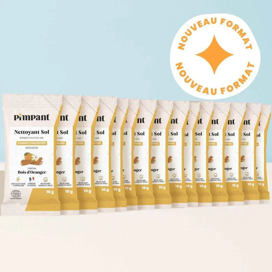 Nouveau format : 15 sachets monodoses de nettoyant sol écologique Pimpant, pour un dosage parfait et un ménage zéro déchet sans trace.