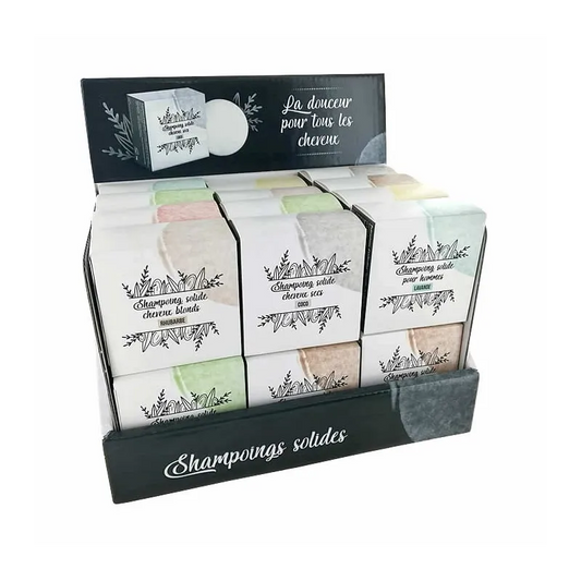 Présentoir de la gamme complète de shampoings solides artisanaux. Une alternative écologique, douce et zéro déchet adaptée à chaque type de cheveux.