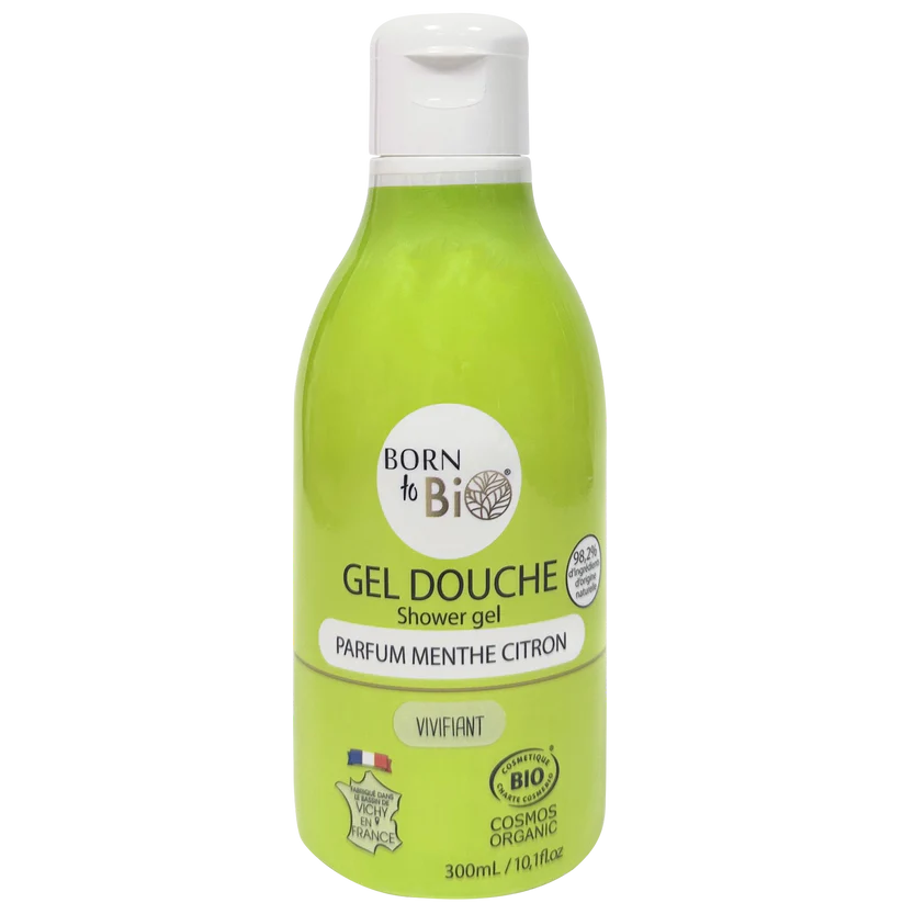 Flacon vert 300ml de Gel Douche Bio certifié Cosmos Organic, parfum vivifiant Menthe Citron par Born to Bio. Fabriqué à Vichy, France. Boutique KAVERN.