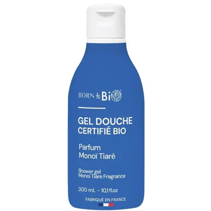 Flacon bleu de 300ml de Gel Douche Bio certifié Cosmos Organic par Ecocert, parfum exotique Monoï Tiaré par Born to Bio. Fabriqué à Vichy. Boutique KAVERN.