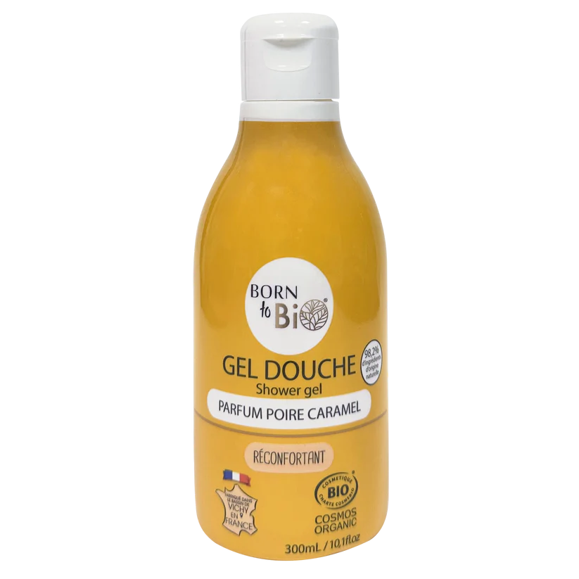 Flacon 300ml de Gel Douche Bio certifié Cosmos Organic, parfum Poire Caramel par Born to Bio. Fabriqué en France dans le bassin de Vichy. Boutique KAVERN.