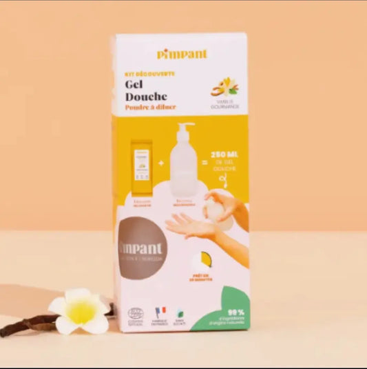 Mode d'emploi du gel douche zéro déchet Pimpant : diluez la poudre dans 250ml d'eau pour obtenir votre soin lavant à la vanille.