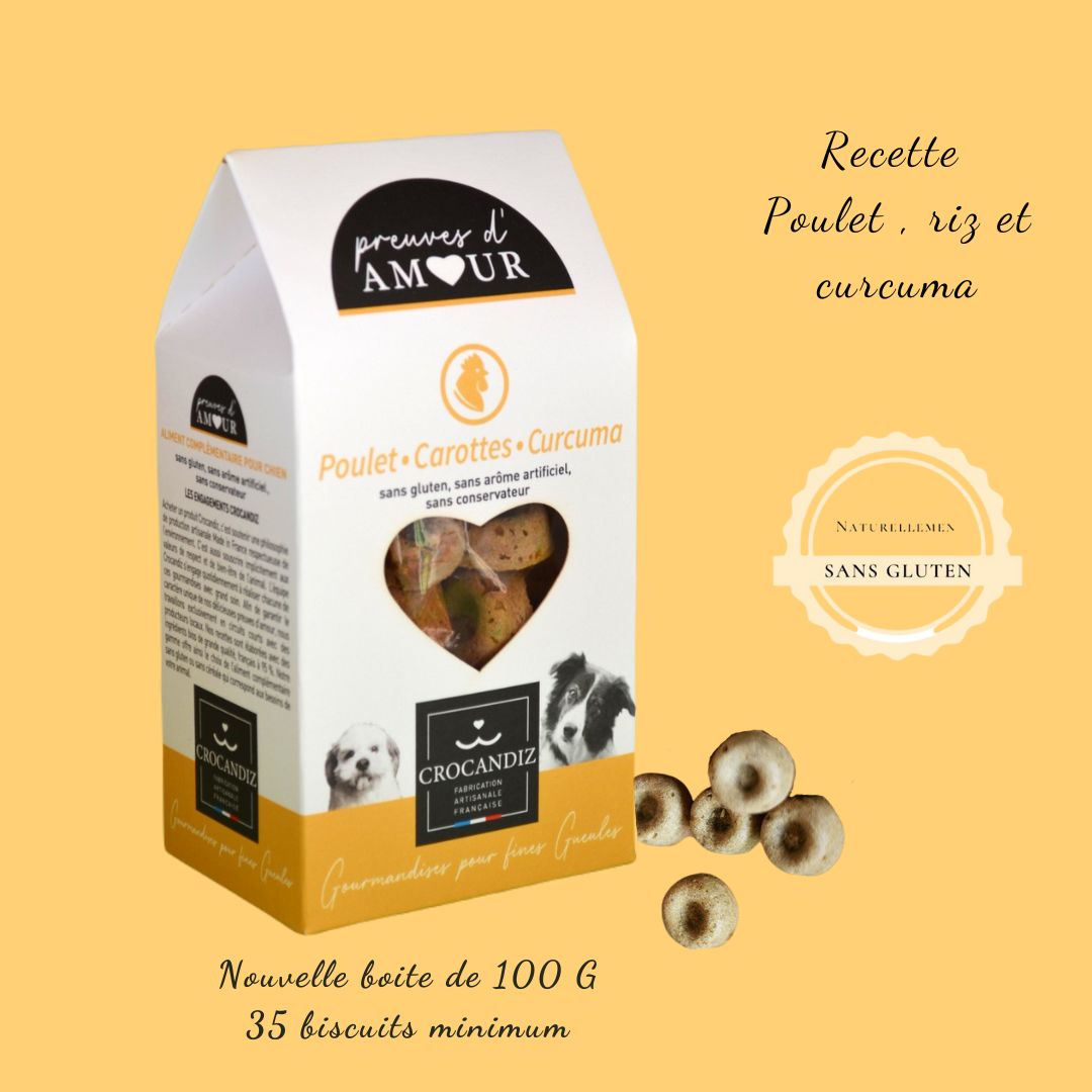 Boîte de 100g de biscuits pour chien au poulet et curcuma, une épice riche en antioxydants pour le bien-vieillir du chien.