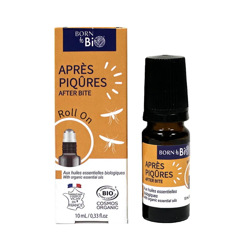 Flacon roll-on 10ml et étui du Soin Après Piqûres certifié Bio par Born to Bio. Aux huiles essentielles apaisantes. Fabriqué à Vichy. Boutique KAVERN.