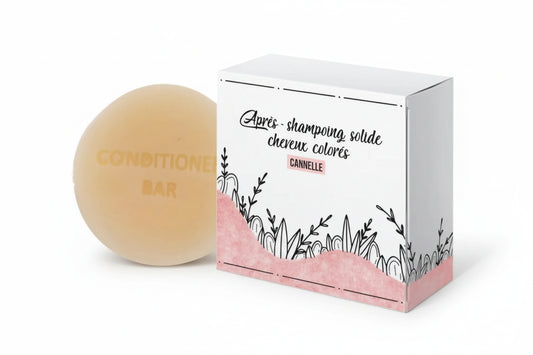 Après-shampoing solide naturel KAVERN pour cheveux colorés à la cannelle. Soin démêlant zéro déchet pour fixer les pigments et prolonger l'éclat de la couleur.