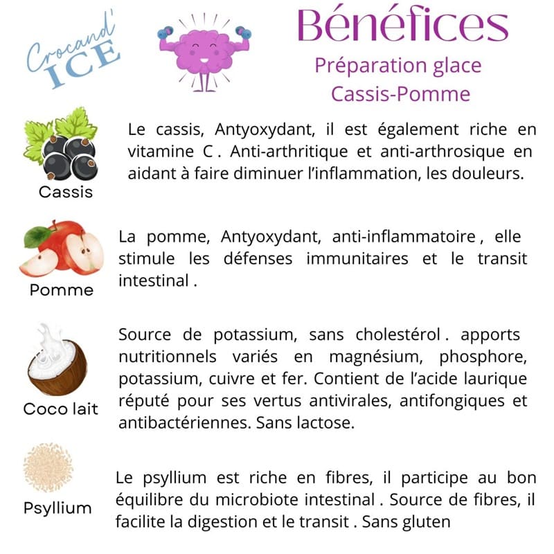 Liste des bénéfices santé de la glace Pomme Cassis : soutien articulaire, anti-inflammatoire et confort digestif.
