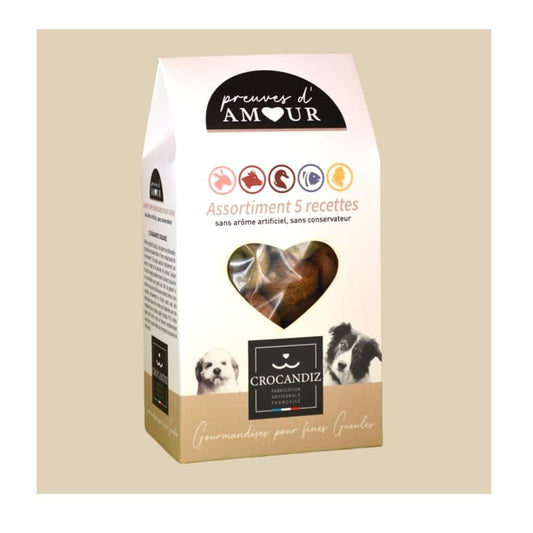 Sachet de biscuits artisanaux pour chien Preuves d'Amour, assortiment découverte de 5 recettes naturelles sans gluten.