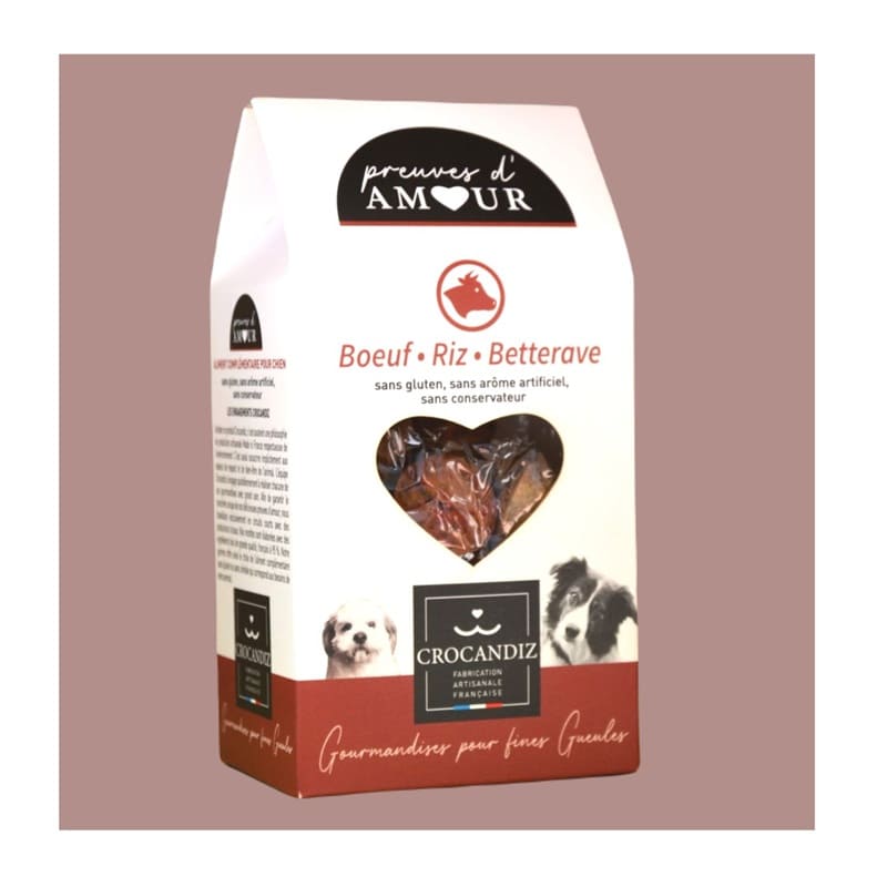 Sachet de biscuits artisanaux Preuves d'Amour au bœuf et à la betterave pour chien, recette sans gluten.