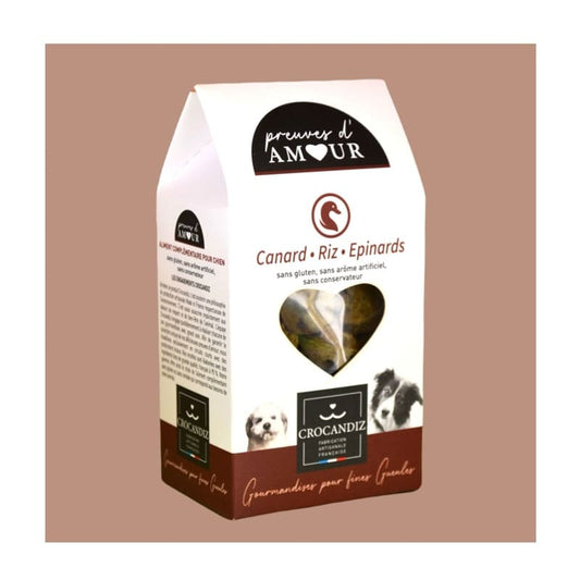 Sachet de biscuits naturels pour chien Preuves d'Amour au magret de canard et épinards, recette artisanale sans gluten.