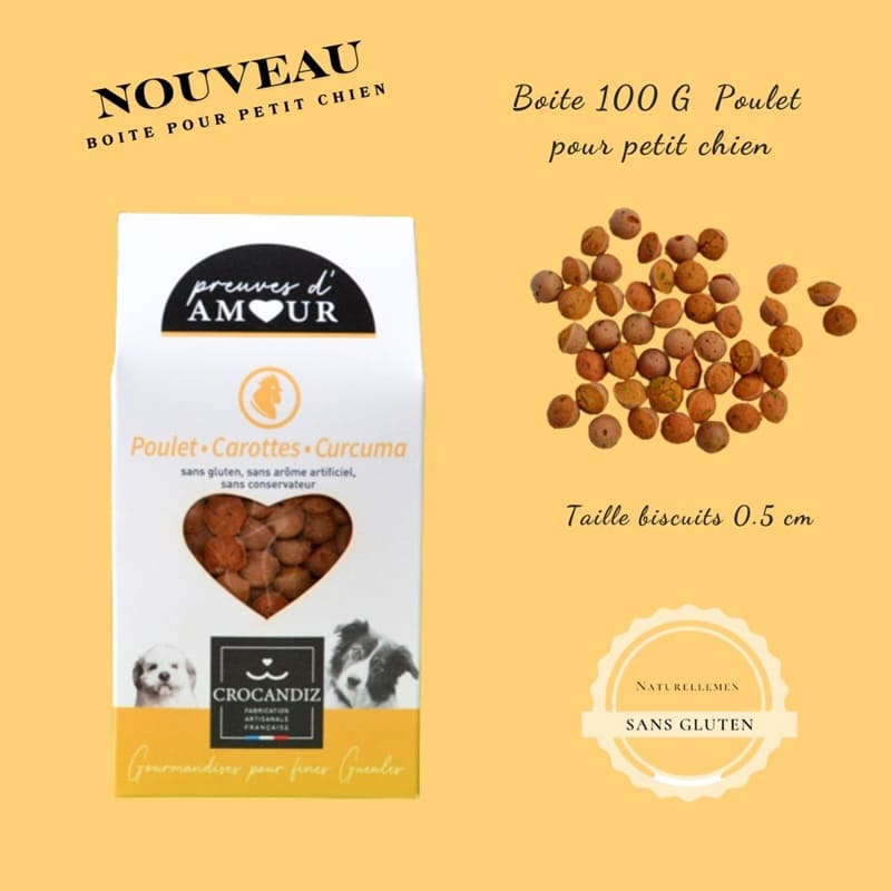 Ingrédients sains des biscuits pour grand chien : filet de poulet origine France, riz bio et curcuma antioxydant.