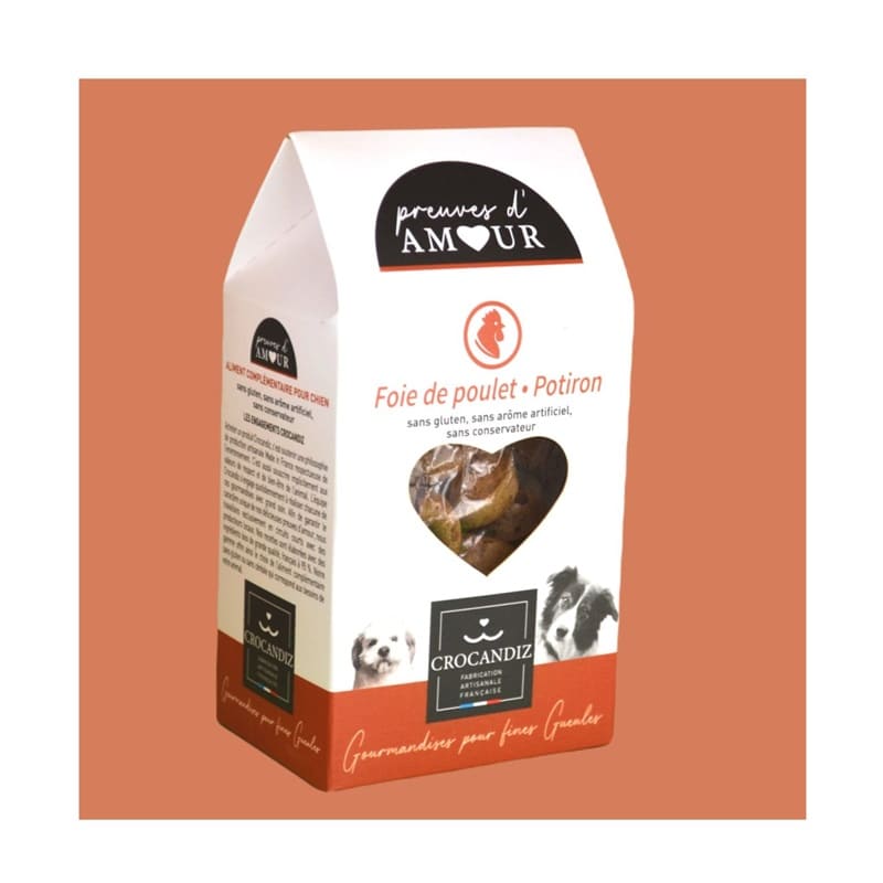 Sachet de biscuits artisanaux pour chien au foie de poulet et potiron, recette naturelle sans gluten Preuves d'Amour.