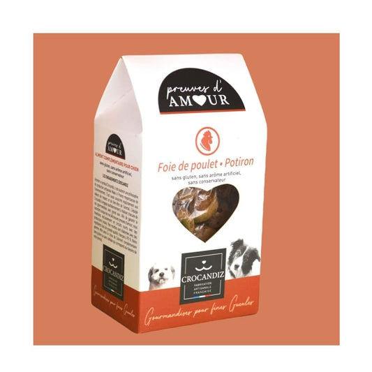 Sachet de biscuits artisanaux pour chien au foie de poulet et potiron, recette naturelle sans gluten Preuves d'Amour.