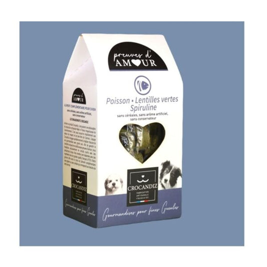 Sachet de biscuits artisanaux pour chien au lieu noir et à la spiruline française, recette naturelle sans céréales Preuves d'Amour.