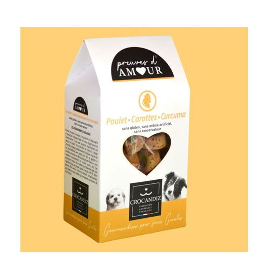 Sachet de biscuits artisanaux pour chien Preuves d'Amour de Crocandiz, recette poulet, carottes et curcuma sans gluten.