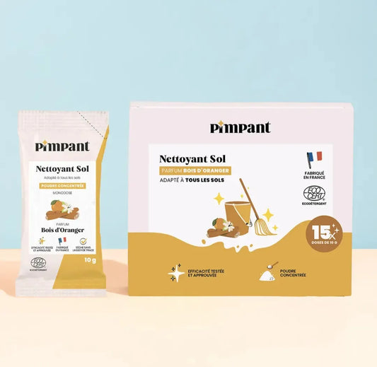 Boîte de 15 doses de nettoyant sol en poudre concentrée Pimpant, parfum Bois d'Oranger. Certifié Écodétergent et fabriqué en France, boutique KAVERN.