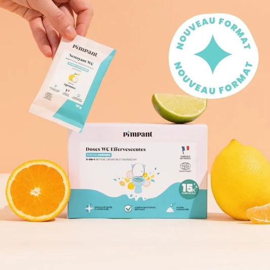 Nouveau format : Boîte de 15 doses de nettoyant WC effervescent Pimpant au parfum agrumes. Poudre concentrée pour détartrer et nettoyer, KAVERN.