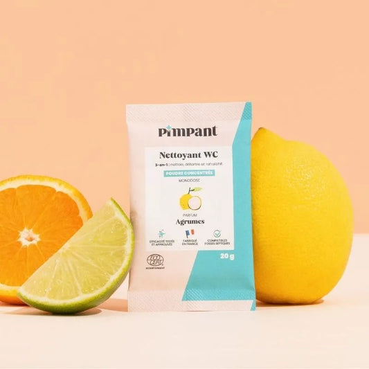 Sachet monodose de 20g de poudre WC Pimpant aux agrumes, pour un nettoyage 3-en-1 naturel et efficace des toilettes.