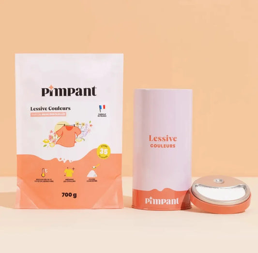 Boîte en métal réutilisable Pimpant pour lessive couleurs, vendue vide avec son éco-recharge en poudre parfum brise ensoleillée, KAVERN.