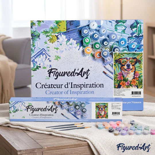 Boîte d'emballage officielle Figured'art du kit de peinture par numéros Chien, idéale pour offrir en cadeau d'anniversaire.
