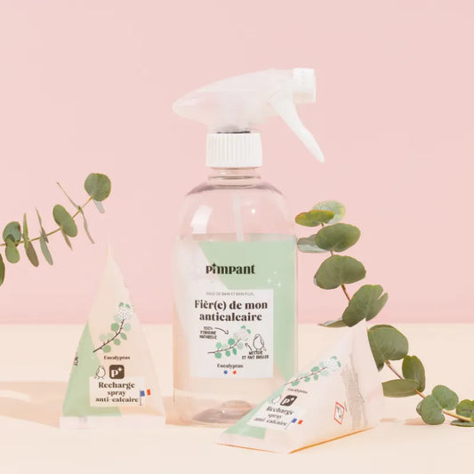 Bouteille spray réutilisable 500ml Pimpant spéciale anti-calcaire, vendue vide, avec recharges berlingot à l'eucalyptus, boutique KAVERN.