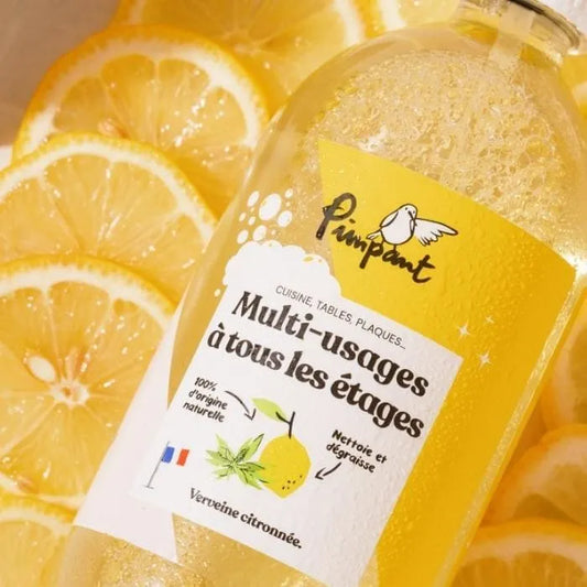 Étiquette de la bouteille spray multi-usages Pimpant, conçue pour nettoyer, dégraisser et faire briller toutes les surfaces.
