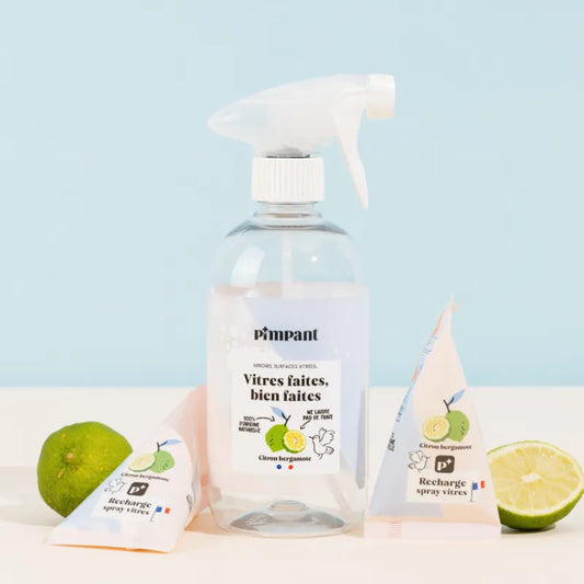 Bouteille spray réutilisable 500ml Pimpant spéciale vitres, vendue vide, avec recharges berlingot au citron bergamote, KAVERN.