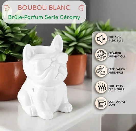 Caractéristiques du brûle-parfum Boubou Blanc : diffusion silencieuse, fabrication artisanale, contenance 45ml.
