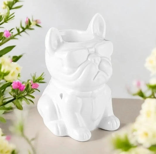 Brûle-parfum en céramique blanche en forme de bouledogue français avec lunettes de soleil, modèle Boubou Blanc.