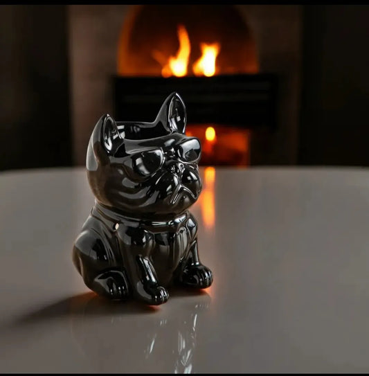 Brûle-parfum en céramique noire laquée en forme de bouledogue français avec lunettes, modèle Boubou Noir devant un feu de cheminée.
