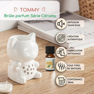 Détails techniques du brûle-parfum chat Tommy : diffusion silencieuse, fabrication artisanale, contenance 38ml, idéal pour tous types de senteurs.