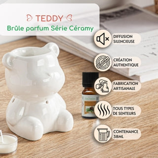 Détails techniques du brûle-parfum ourson Teddy : diffusion silencieuse, fabrication artisanale, contenance 38ml, idéal pour tous types de senteurs.