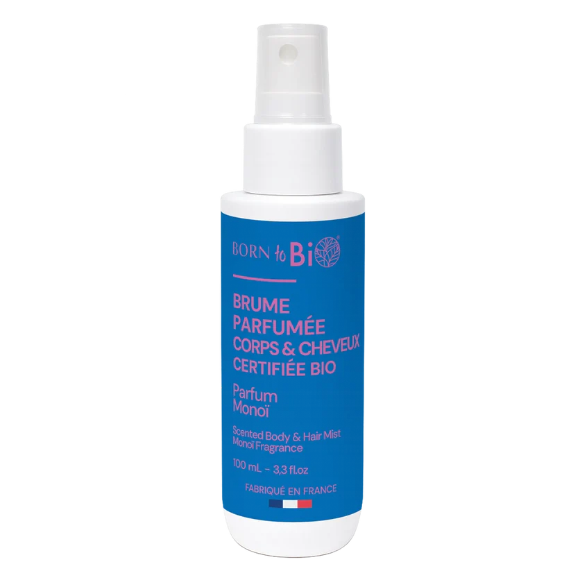 Flacon bleu de 100ml de Brume Parfumée Corps et Cheveux certifiée Bio. Parfum 100% naturel au Monoï par Born to Bio. Fabriqué en France. Boutique KAVERN.