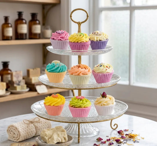 Présentoir à cupcakes de bain effervescents multicolores : Mango, Rose, Citron, Cerise et Pomme d'amour. Coffret cadeau bien-être artisanal par KAVERN.