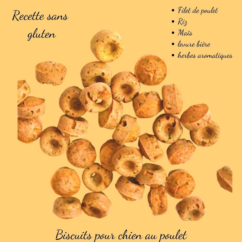 Mini biscuits de 0,5 cm au poulet pour petit chien, parfaits pour l'éducation et les récompenses fréquentes.