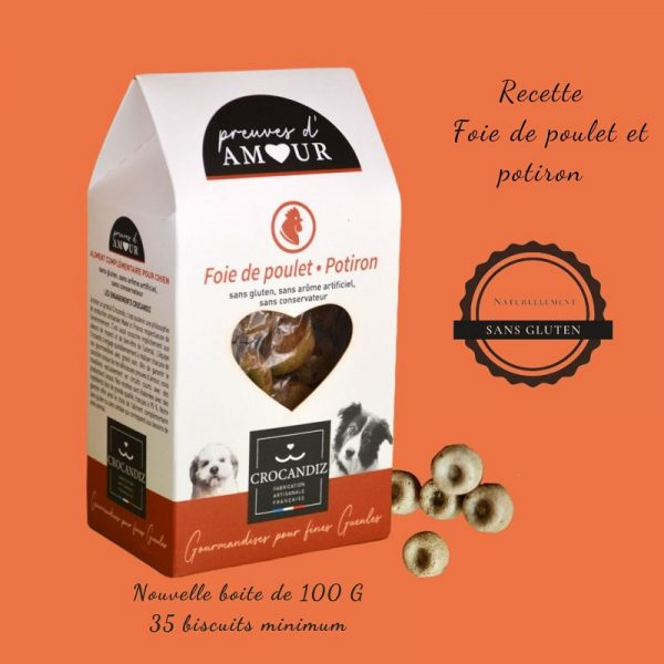 Friandises artisanales Crocandiz pour chien : foie de volaille origine France, riz bio et potiron riche en vitamines.