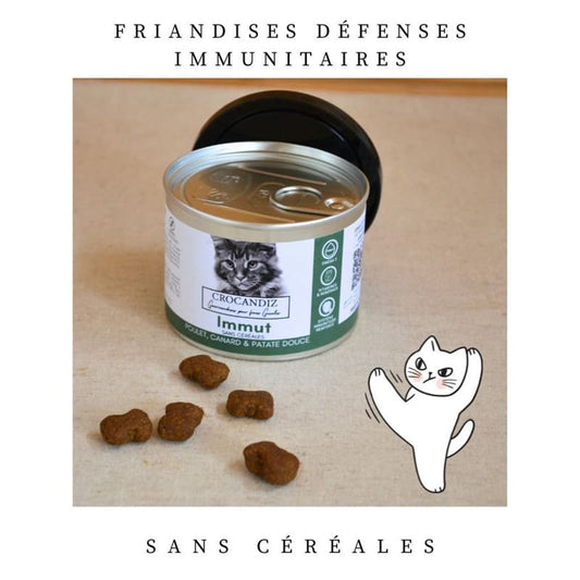 Détails des friandises immunitaires pour chat : recette au canard et poulet riche en oméga 3 et bêta-glucanes.