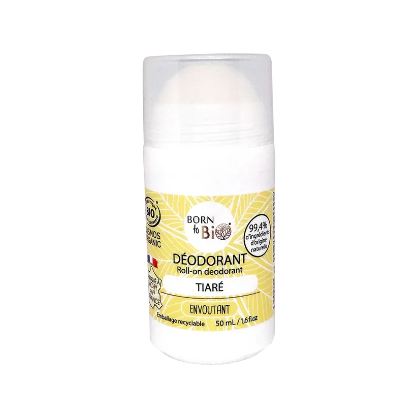 Flacon roll-on 50ml de Déodorant Bio certifié Cosmos Organic par Ecocert, parfum envoûtant Tiaré par Born to Bio. Emballage recyclable, fabriqué à Vichy. Boutique KAVERN.