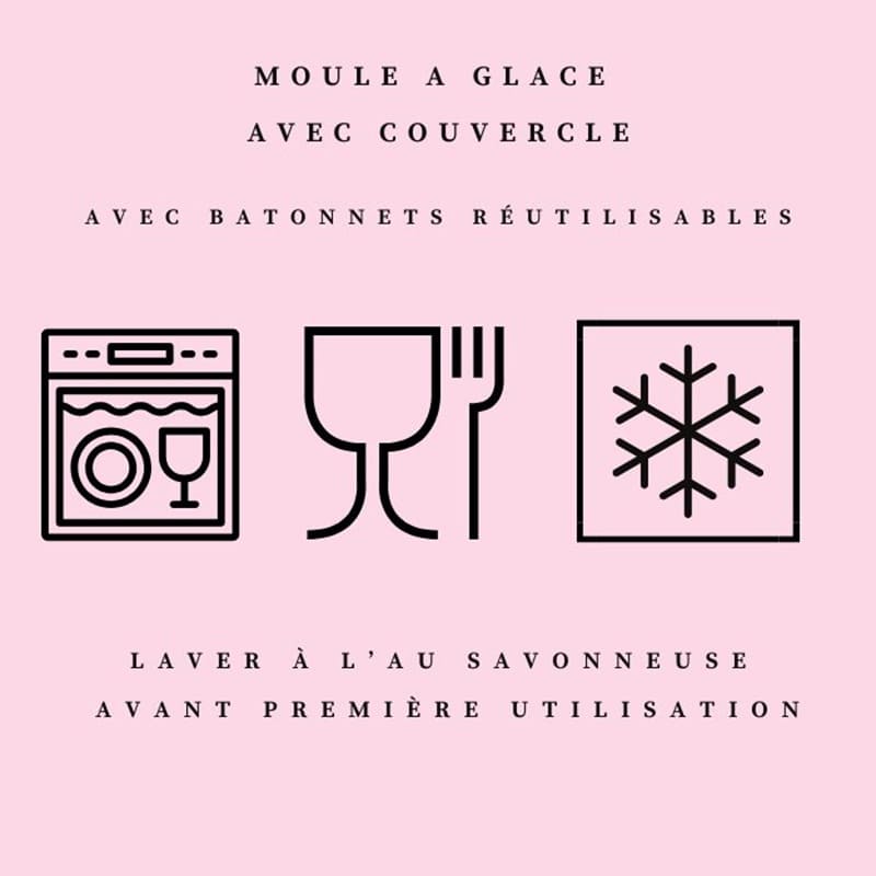 Icônes indiquant que le moule à glace pour chien est réutilisable, passe au congélateur et au lave-vaisselle.