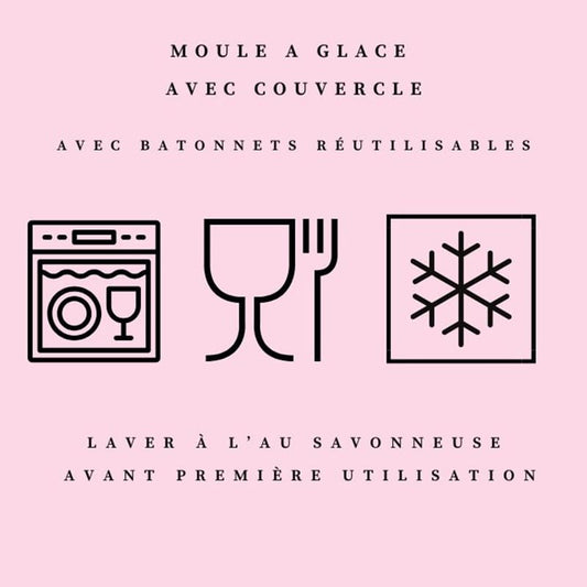 Icônes indiquant que le moule à glace pour chien est réutilisable, passe au congélateur et au lave-vaisselle.