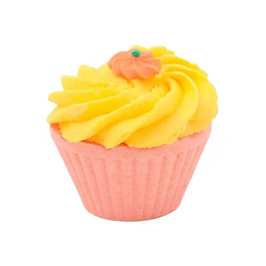 Fondant de bain en forme de cupcake à la mangue tropicale, base effervescente rose et crème jaune, enrichi au beurre de cacao et karité.