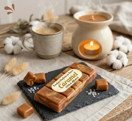 Fondant parfumé en barre marbré senteur Caramel des Fées Mères, présenté sur une ardoise avec des caramels mous et un brûle-parfum, boutique KAVERN.