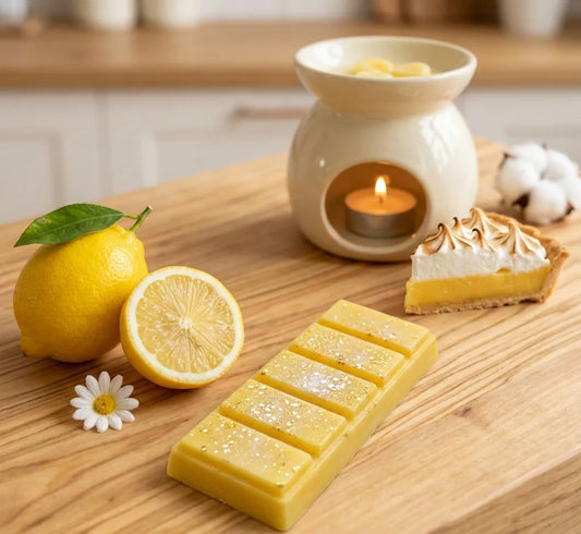 Fondant parfumé en barre jaune pailleté Citron Meringué des Fées Mères, avec citron frais et part de tarte meringuée, boutique KAVERN.