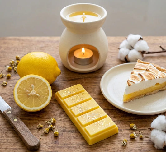 Détail de la tablette fondante Citron Meringuée par Les Fées Mères, cire végétale pailletée pour brûle-parfum.