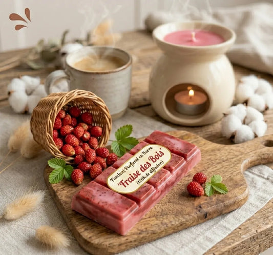 Fondant parfumé en barre rouge senteur Fraise des Bois des Fées Mères, entouré d'un petit panier de fraises sauvages et d'un brûle-parfum, boutique KAVERN.