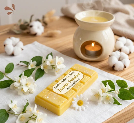 Fondant parfumé en barre jaune pailleté senteur Jasmin Passion des Fées Mères, entouré de fleurs de jasmin et d'un brûle-parfum, boutique KAVERN.