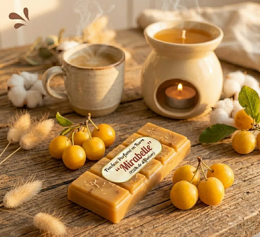 Fondant parfumé en barre jaune doré senteur Mirabelle des Fées Mères, entouré de mirabelles fraîches avec un brûle-parfum, boutique KAVERN.