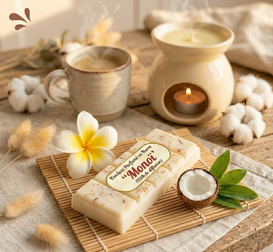 Fondant parfumé en barre senteur Monoï des Fées Mères, décoré avec une fleur de frangipanier et de la noix de coco, boutique KAVERN.