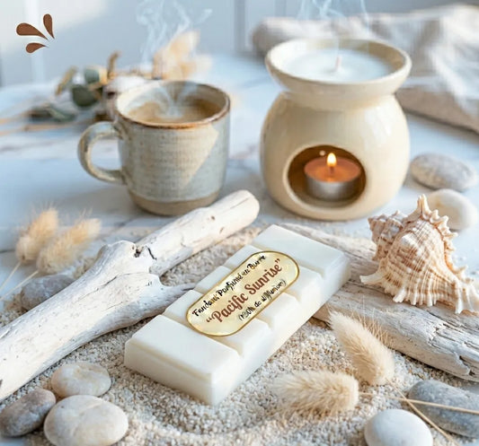Fondant parfumé en barre Pacific Sunrise des Fées Mères, posé sur du sable avec coquillages et brûle-parfum, boutique KAVERN.