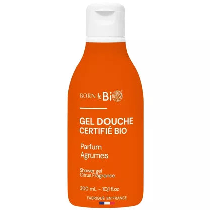 Flacon orange de 300ml de Gel Douche Bio certifié Cosmos Organic, parfum vivifiant aux Agrumes par Born to Bio. Fabriqué en France. Boutique KAVERN.