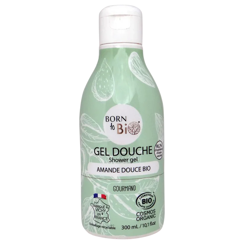 Flacon vert d'eau de 300ml de Gel Douche Bio certifié Cosmos Organic, parfum gourmand Amande Douce par Born to Bio. Fabriqué à Vichy. Boutique KAVERN.